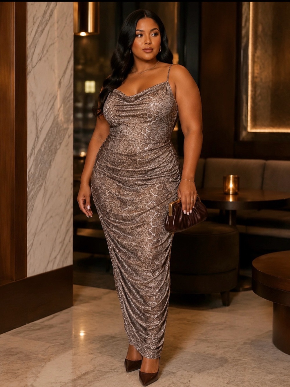 Fashion Nova Plus Brown Snake Print Ruched Bodycon Maxi Dress 3X NWT